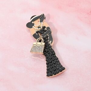 Chic Gold Black Rhinestone Pearls Lady Brooch Pin Elegant Cute Glam Hat Handbag